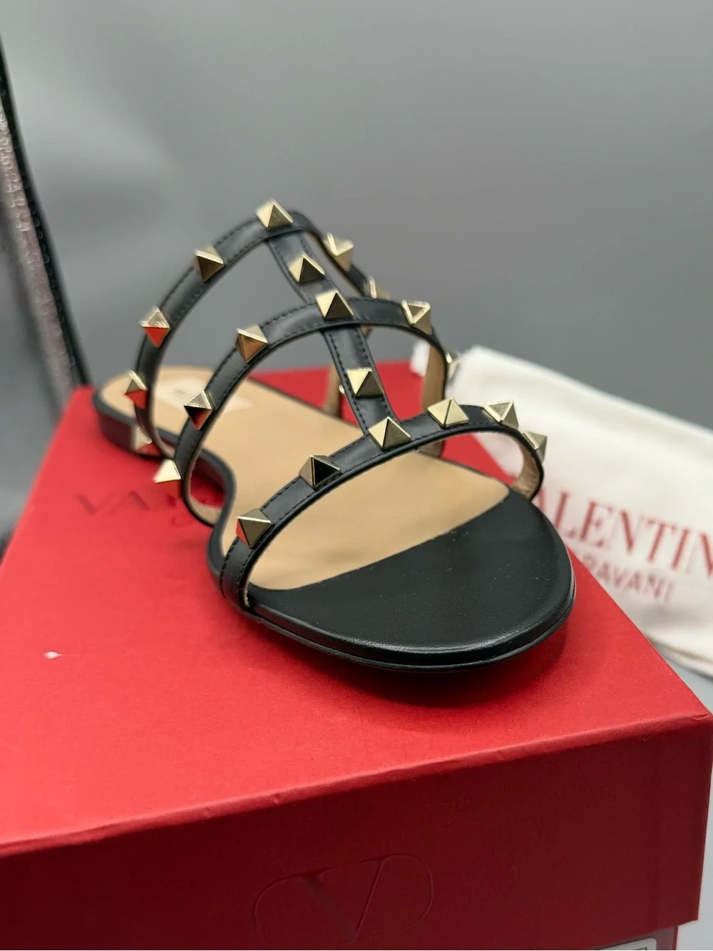 Valentino Black Rockstud Strappy Flat Sandals